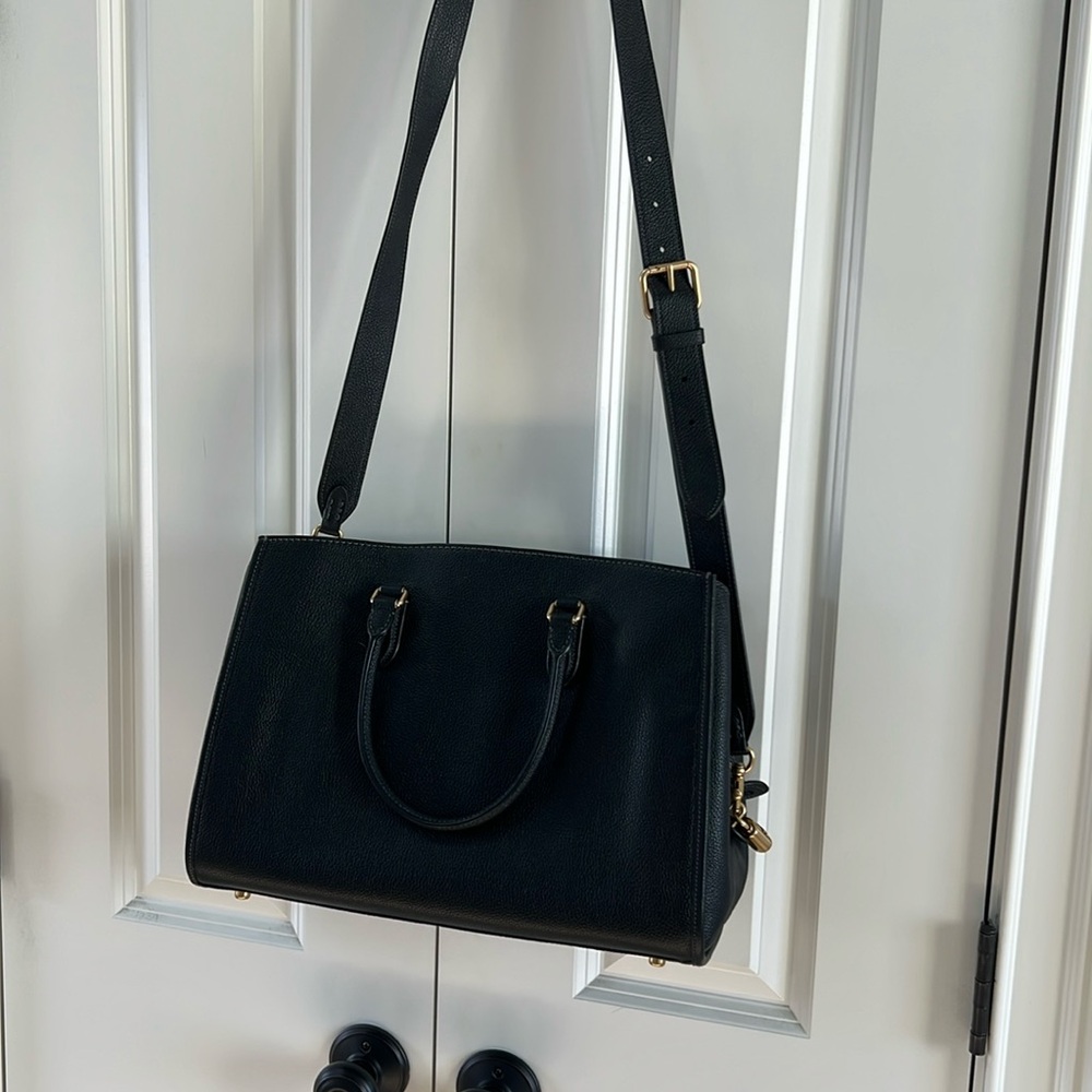 Coach midsize black leather carry all with four storage areas brand new